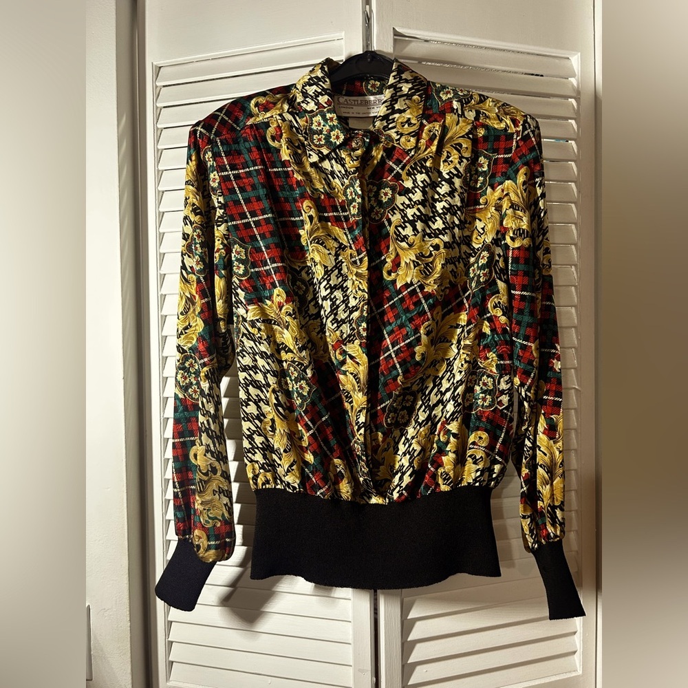 Vintage Castleberry Plaid And Gold Womens V-Neck Blouse Long Sleeve USA Size 12